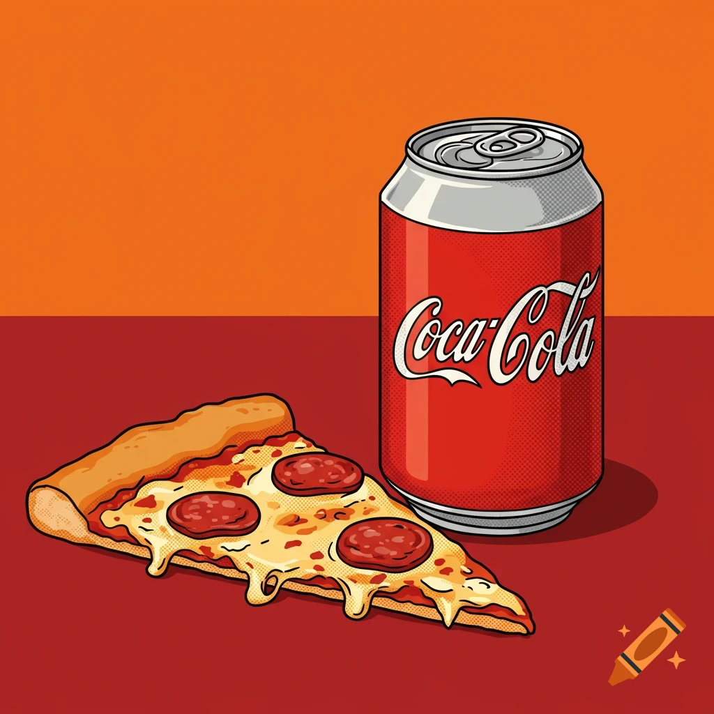 A stylized pop art illustration of a slice of pepperoni pizza next to a Coca-Cola can, against a two-tone orange and red background.