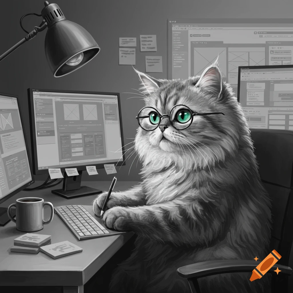 A fluffy Persian cat wearing round glasses, sitting at a desk with multiple monitors, a keyboard, and a mug, while holding a pen. The image is mostly grayscale with the cat's eyes highlighted in green.