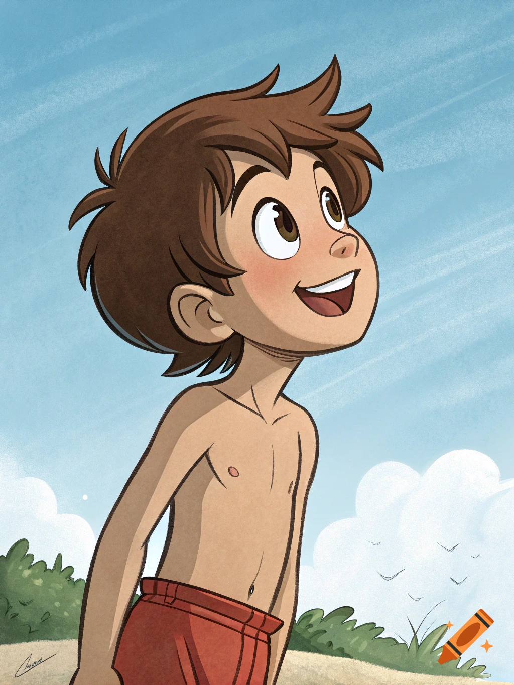 Cartoon illustration of a happy young boy with brown hair, shirtless in red shorts, looking up outdoors.