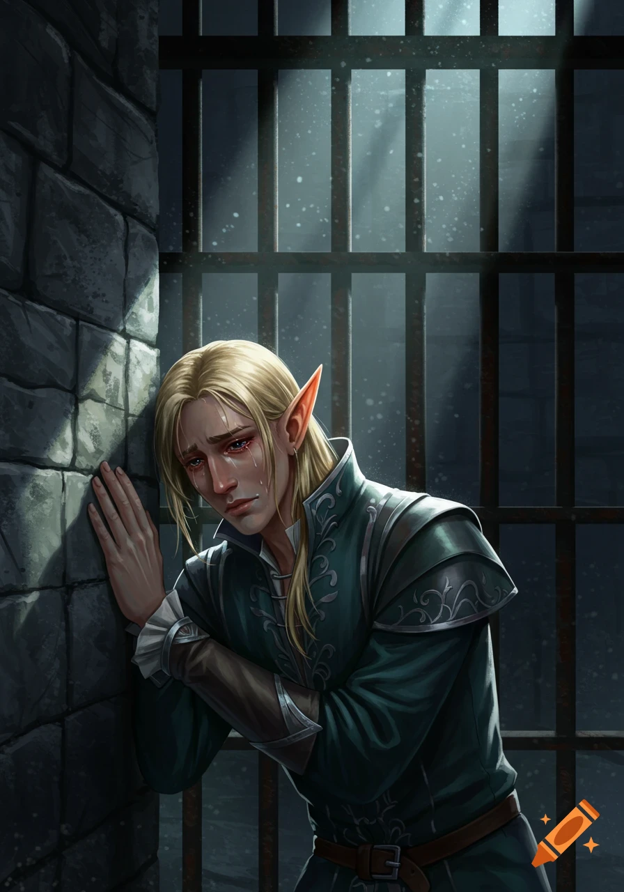 A crying blonde-haired male elf in a prison cell, leaning against a stone wall with bars in the background.