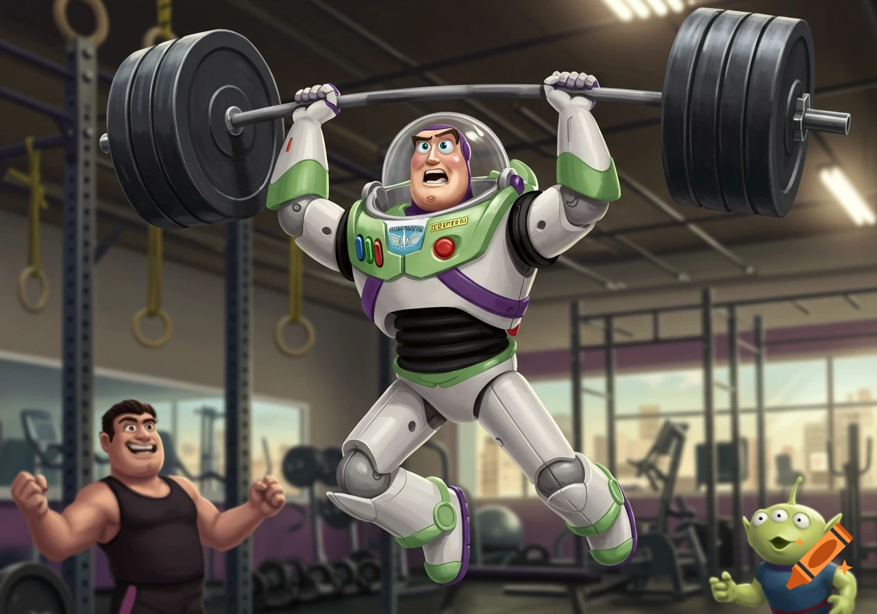 Buzz Lightyear performs a snatch lift with a heavy barbell in a gym, watched by a man cheering and a green alien.