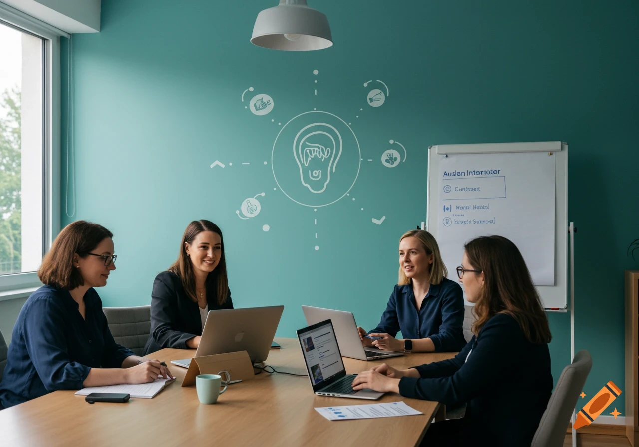 Four women in an office meeting around a table with laptops, a whiteboard, and wall diagram.