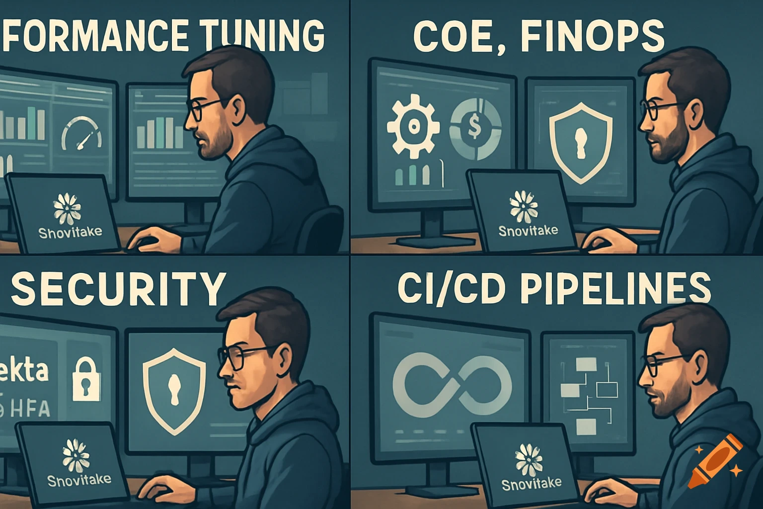 Illustration of men working at computers, with screens displaying icons and text related to performance tuning, security, and IT pipelines.