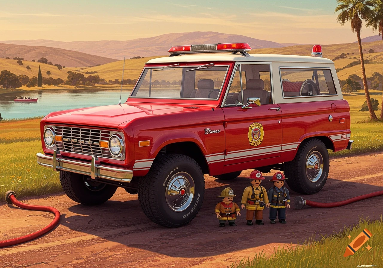 A red Ford Bronco fire truck with three Playmobil-style firefighters and a hose sits on a dirt road by a lake with hills in the background.
