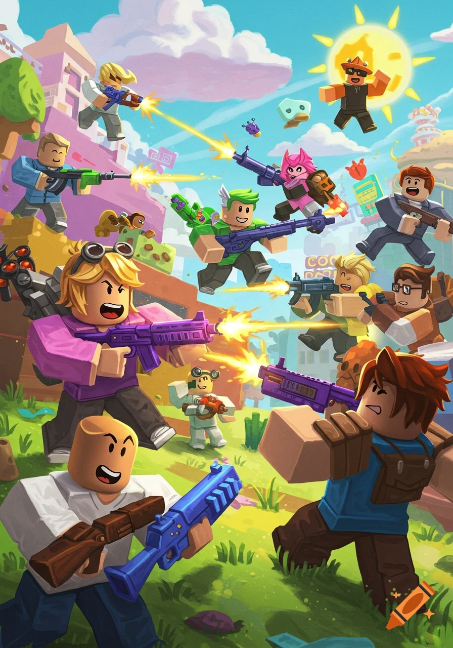 Blocky Roblox characters with guns engaged in a colorful cartoon battle in a sunny block-world.