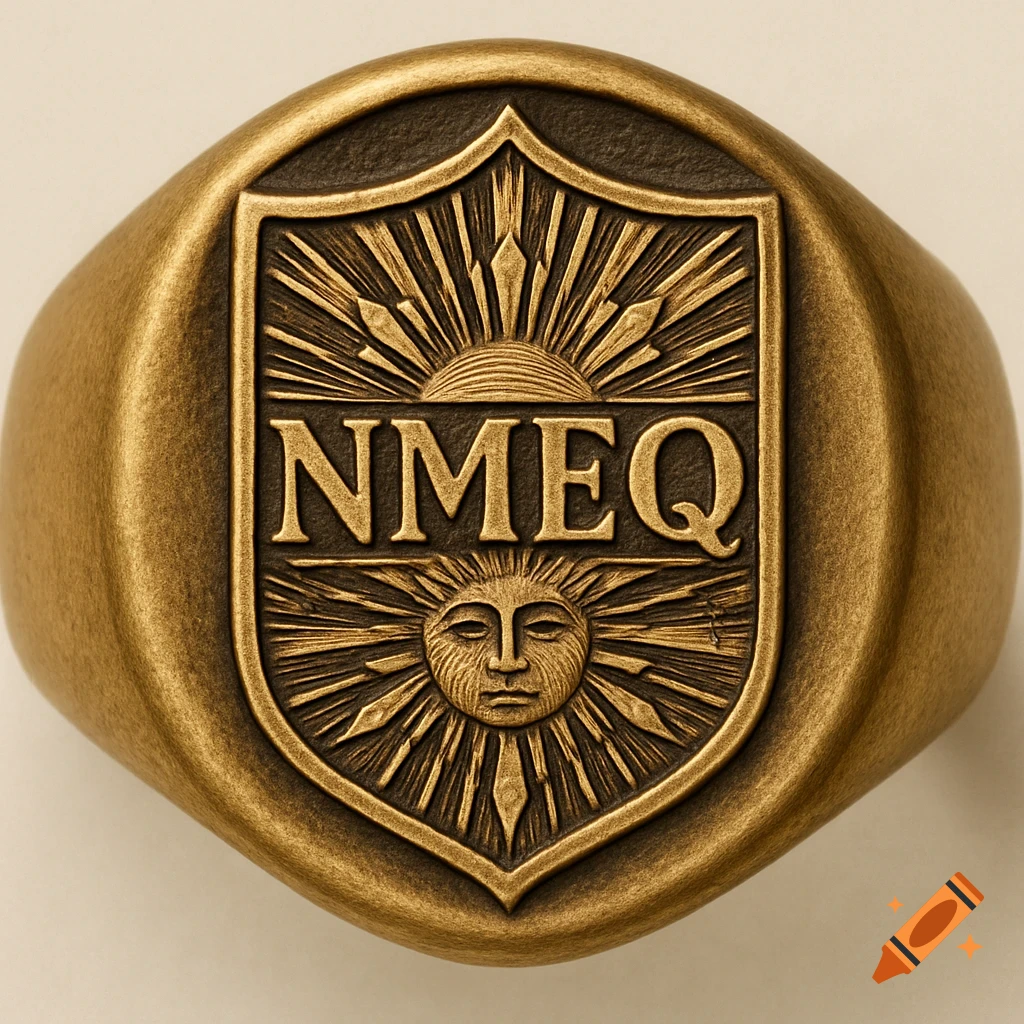 Close-up of a brass signet ring with an embossed shield crest featuring the letters NMEQ, two sun designs, and sun rays.