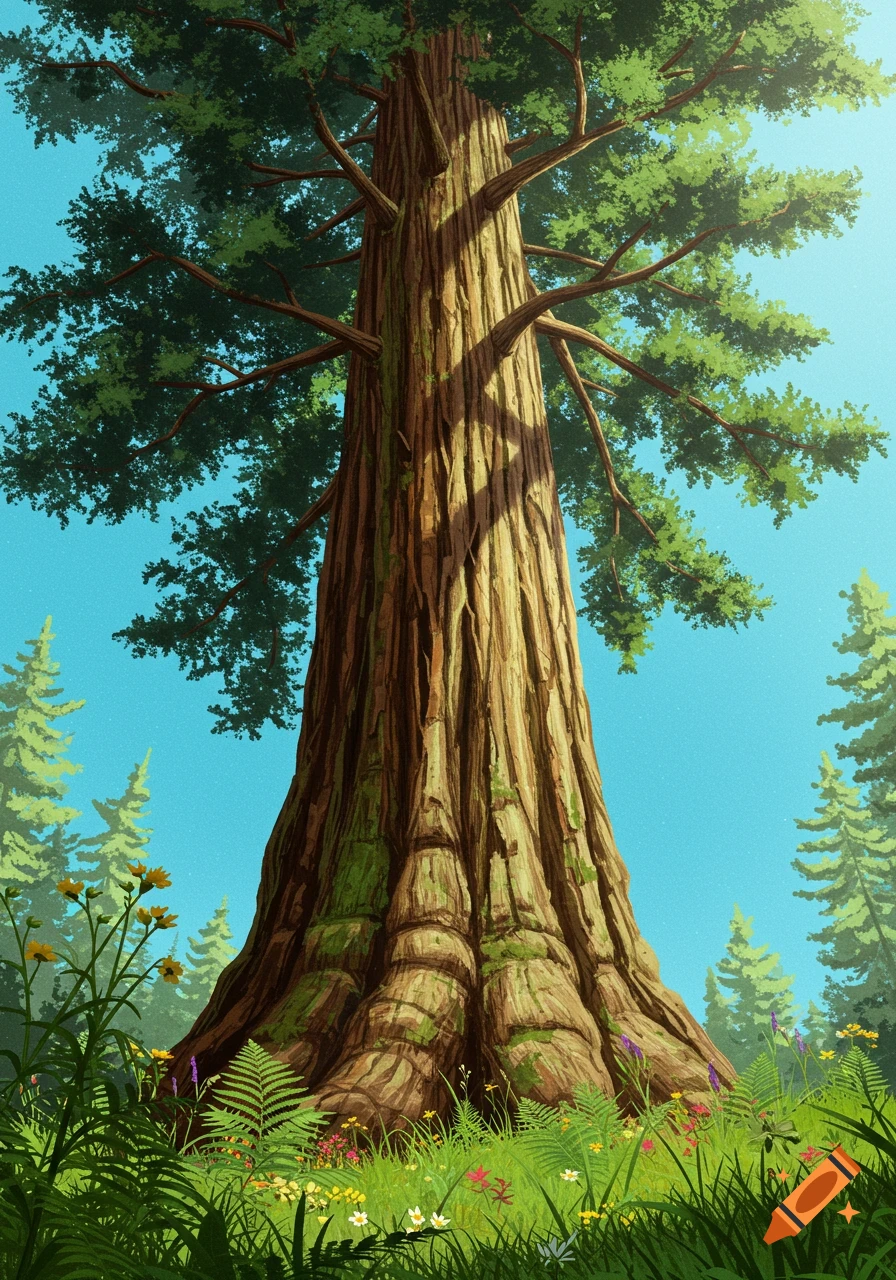 An illustrated giant redwood tree towers over a vibrant forest floor filled with green foliage and colorful wildflowers under a bright blue sky.