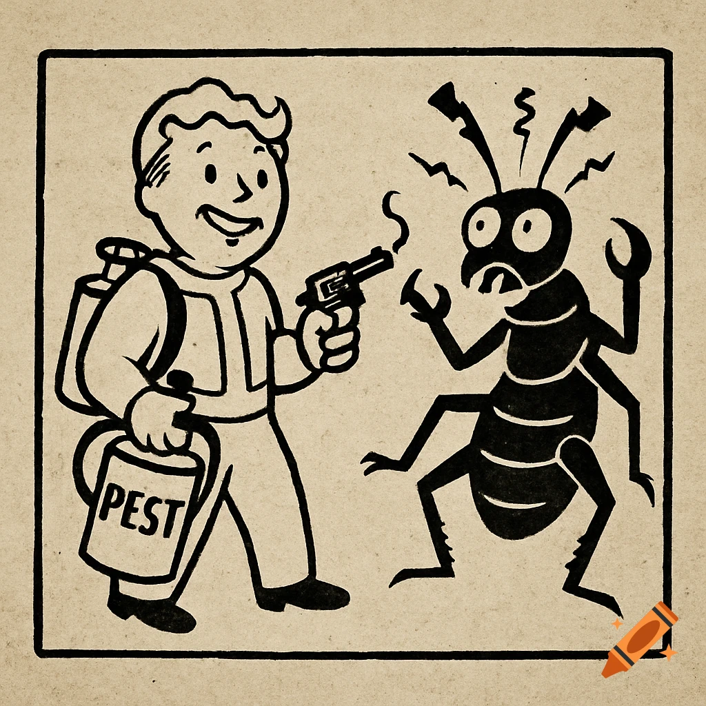 Black and white Fallout-style illustration of a smiling Vault Boy holding a gun at a scared bug, with a 'PEST' canister.