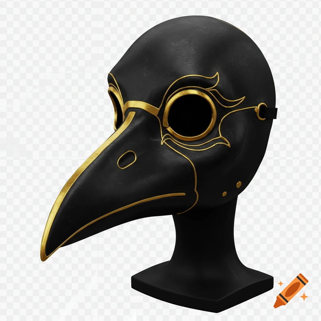 A black plague doctor mask resembling a crow with an illustrious gold trim around the eyes and beak, on a black mask stand with a transparent background.