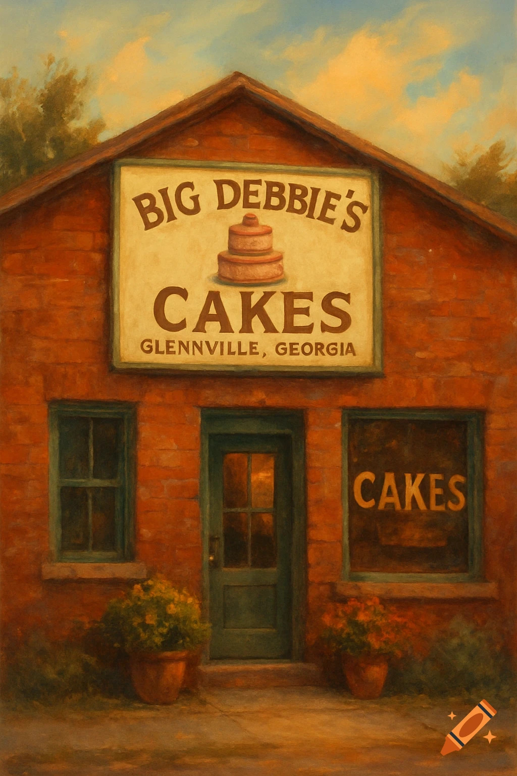 A painterly depiction of a red brick bakery storefront named 'Big Debbie's Cakes' with a sign and potted plants.
