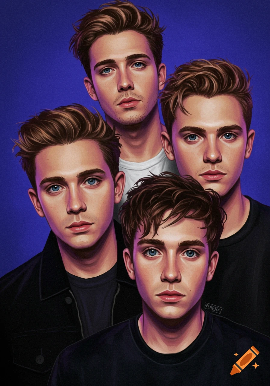 Four young men with brown hair and blue eyes, resembling a boy band, in an illustrative style against a blue background.