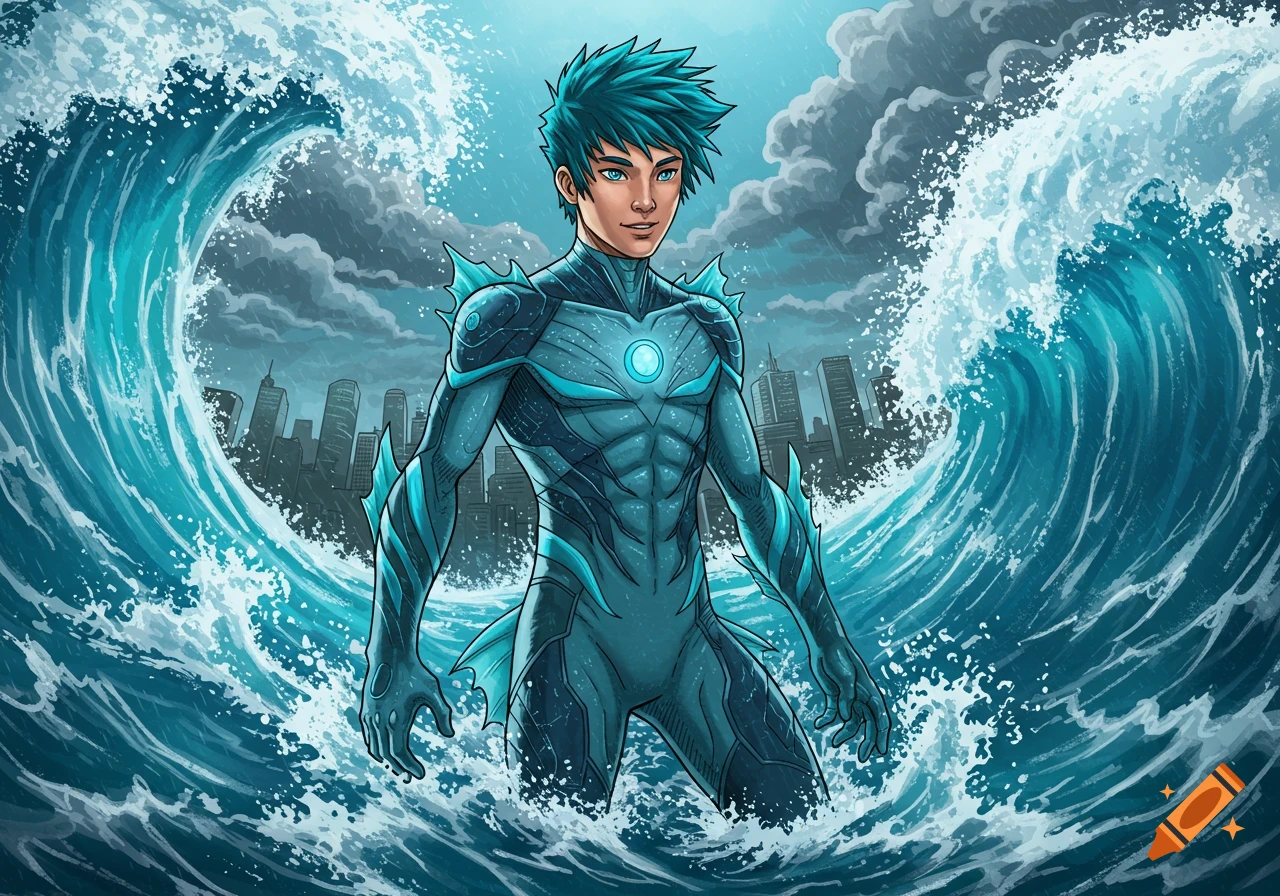 A male superhero with blue hair and an aquatic suit stands amidst large waves with a city in the background, in a comic book style.