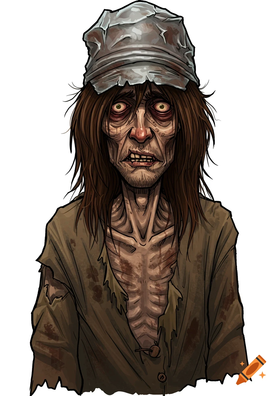 A gaunt, dirty, disheveled man with long brown hair, wearing a tinfoil cap and ragged clothes, with wild, bloodshot eyes.