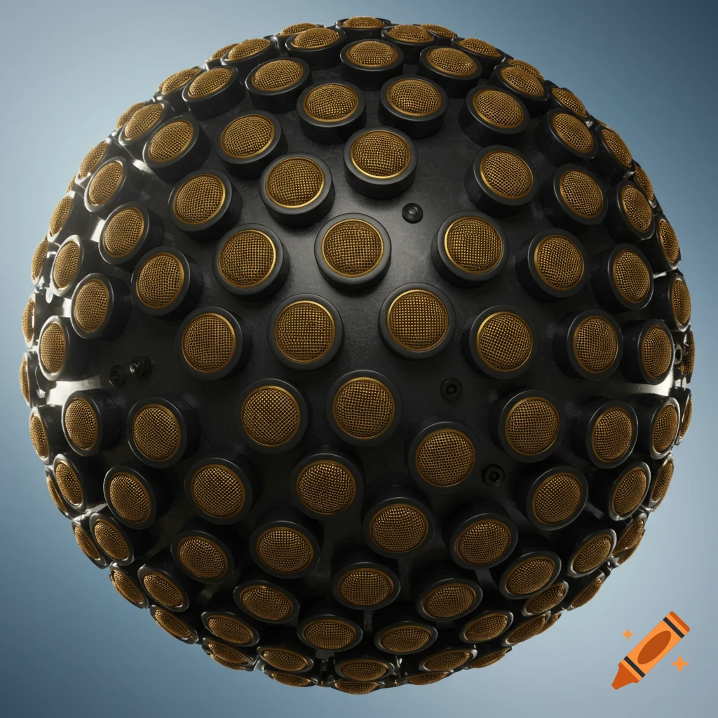 A large dark sphere covered in rows of golden circular microphone grilles.