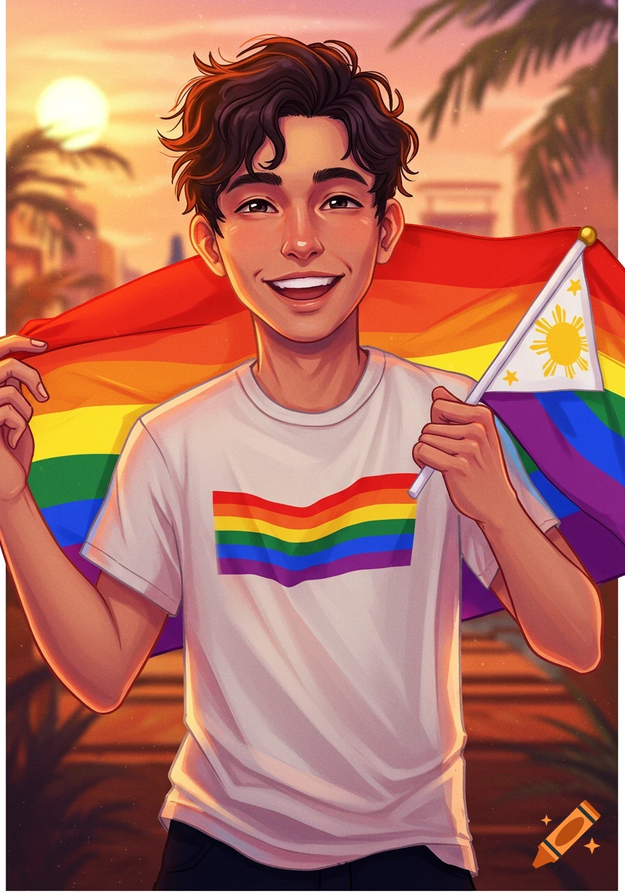 An illustration of a young man smiling, holding a large rainbow Pride flag and a smaller Philippine flag, with a sunset background.