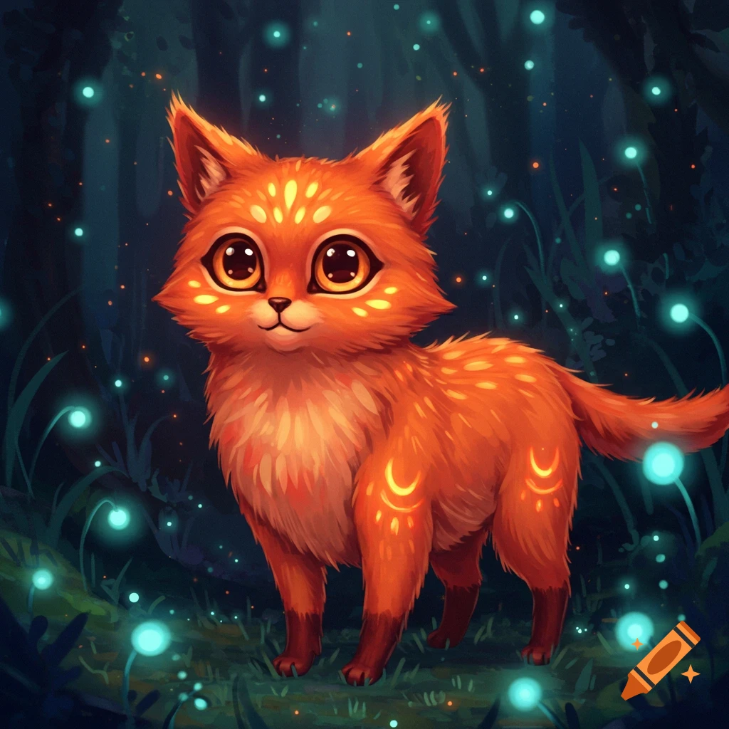 A cute orange fantasy fox with glowing patterns on its fur stands in a dark forest with bioluminescent blue plants.
