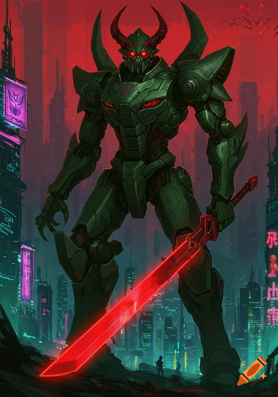 Giant dark green horned mech with glowing red eyes and sword in a neon-lit futuristic city under a red sky, digital art.