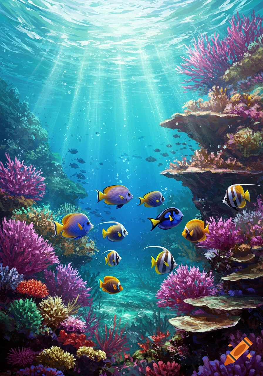 Vibrant illustration of a colorful coral reef teeming with various tropical fish, with sun rays shining through clear blue water.