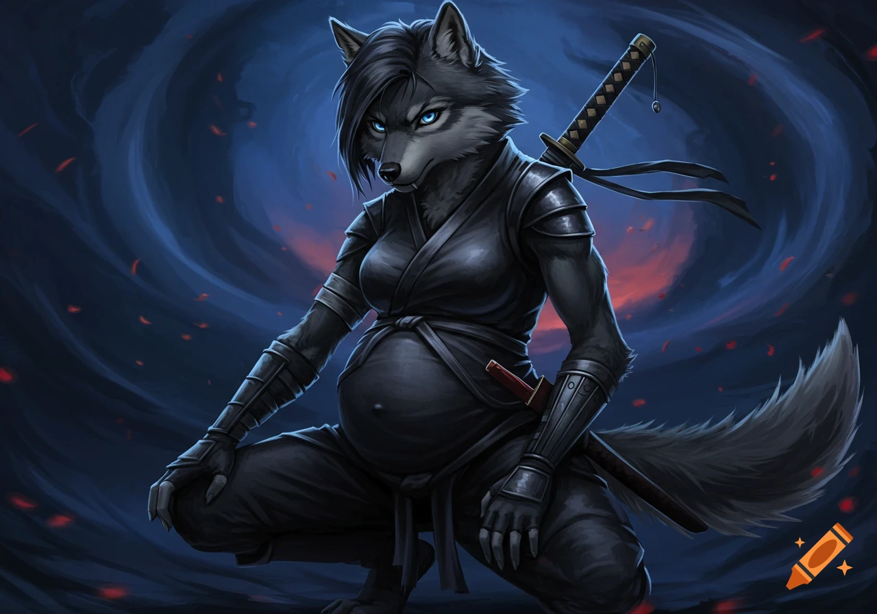 A pregnant anthropomorphic wolf ninja with glowing blue eyes crouches against a swirling dark blue and red background, digital art.