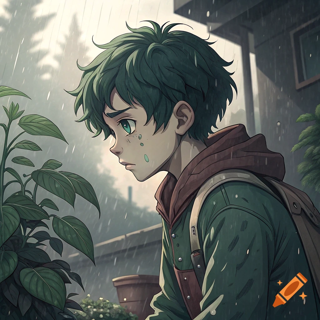 An anime boy with green hair looks sadly at a plant while it rains.