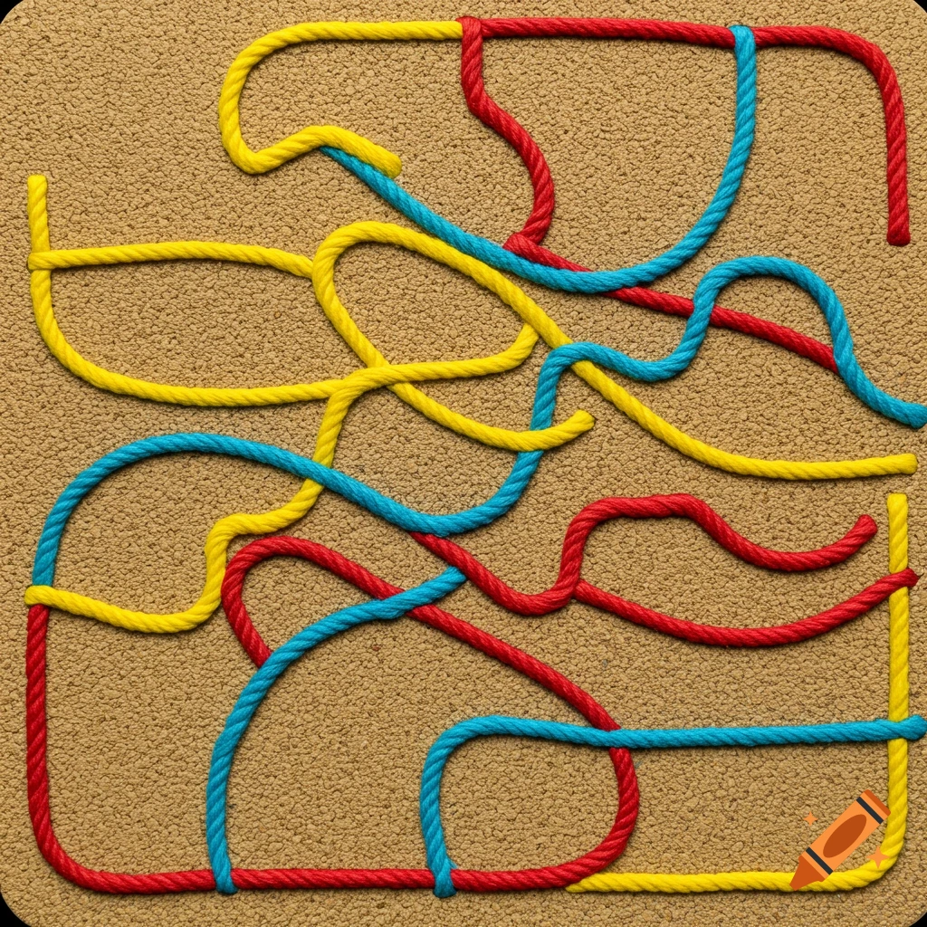 A square game tile with a tan carpet texture, featuring tangled yellow, blue, and red yarn strands forming a complex pattern.