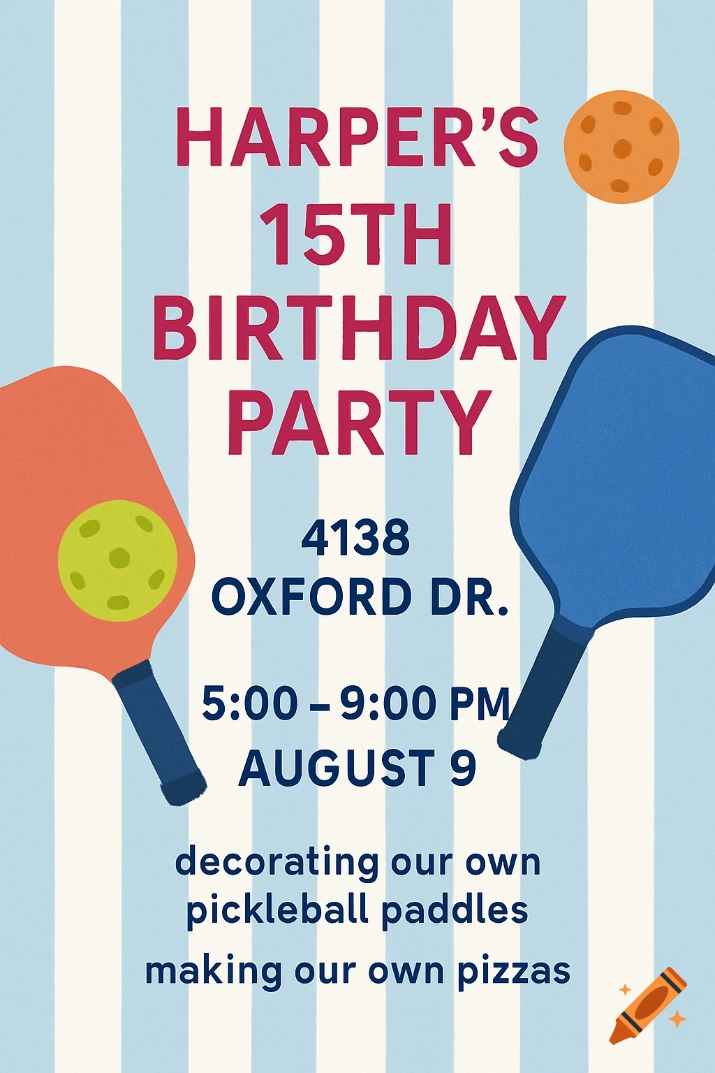 A vibrant birthday invitation for Harper's 15th party, featuring red text, blue and white stripes, and illustrations of pickleball paddles and balls.