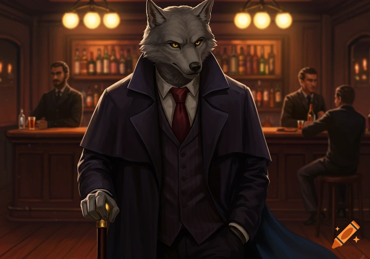 A male anthropomorphic wolf in a dark suit, red tie, and cloak holds a cane in a dimly lit barroom.