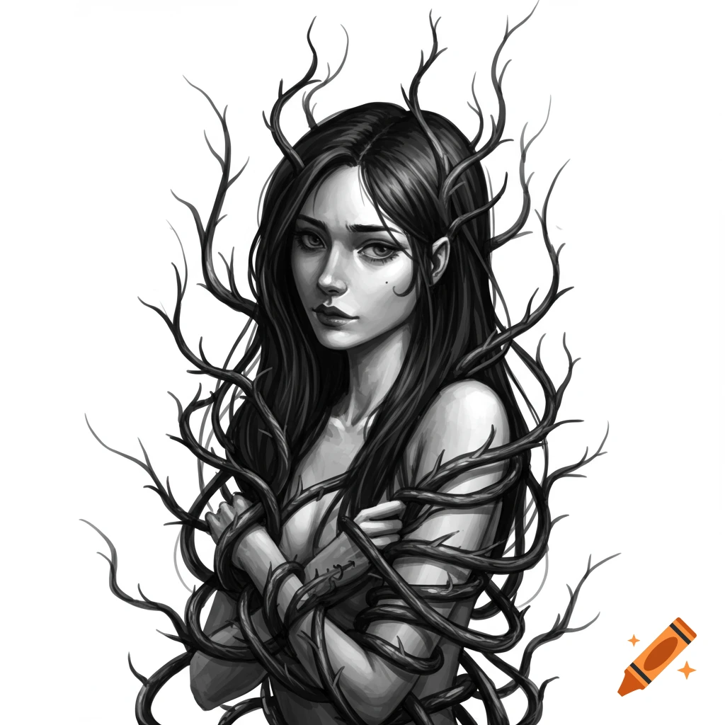 Monochrome illustration of a woman with long hair, her body intertwined with dark, thorny branches, against a white background.
