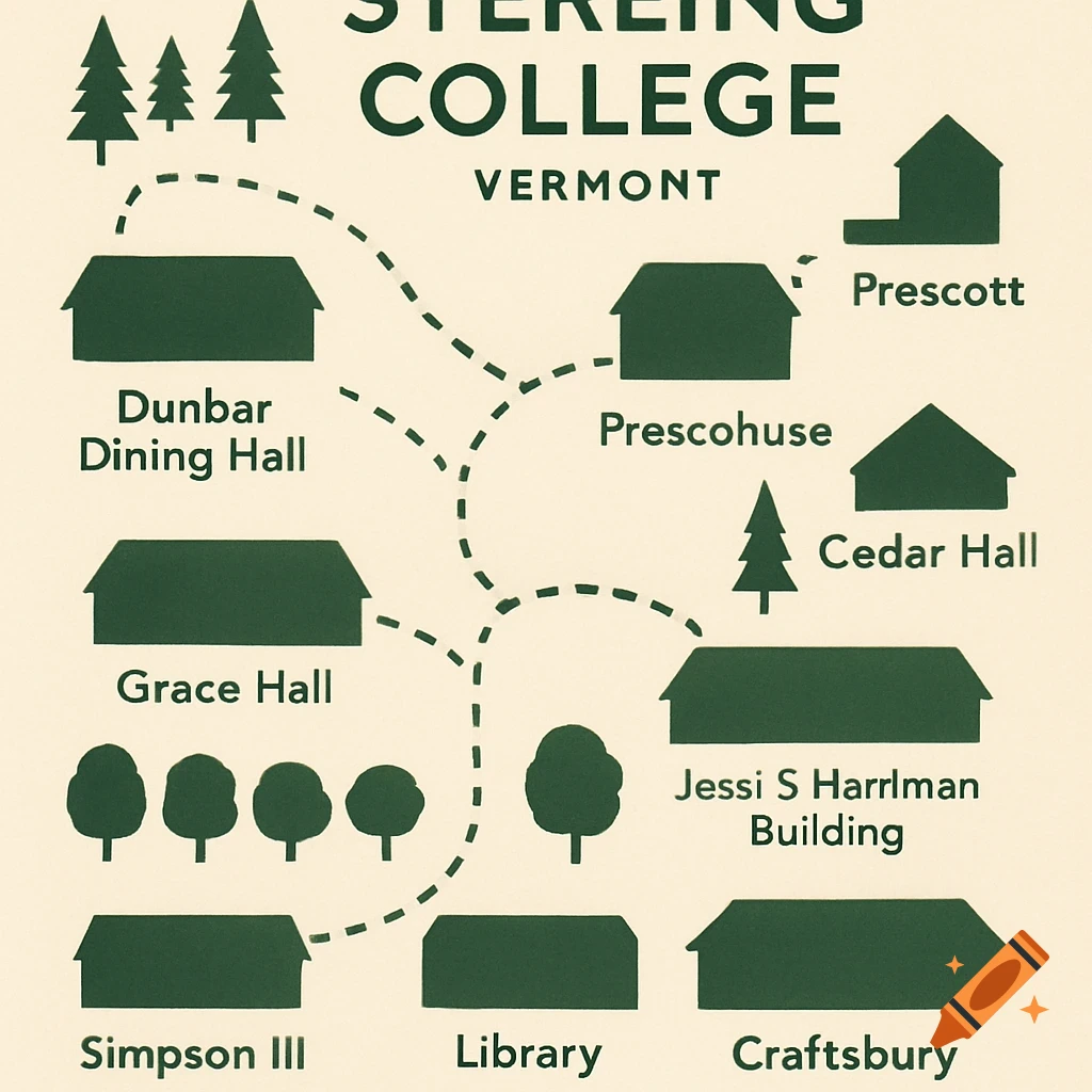 A simple illustration of a campus map for Sterling College in Vermont, showing various buildings and their connections.