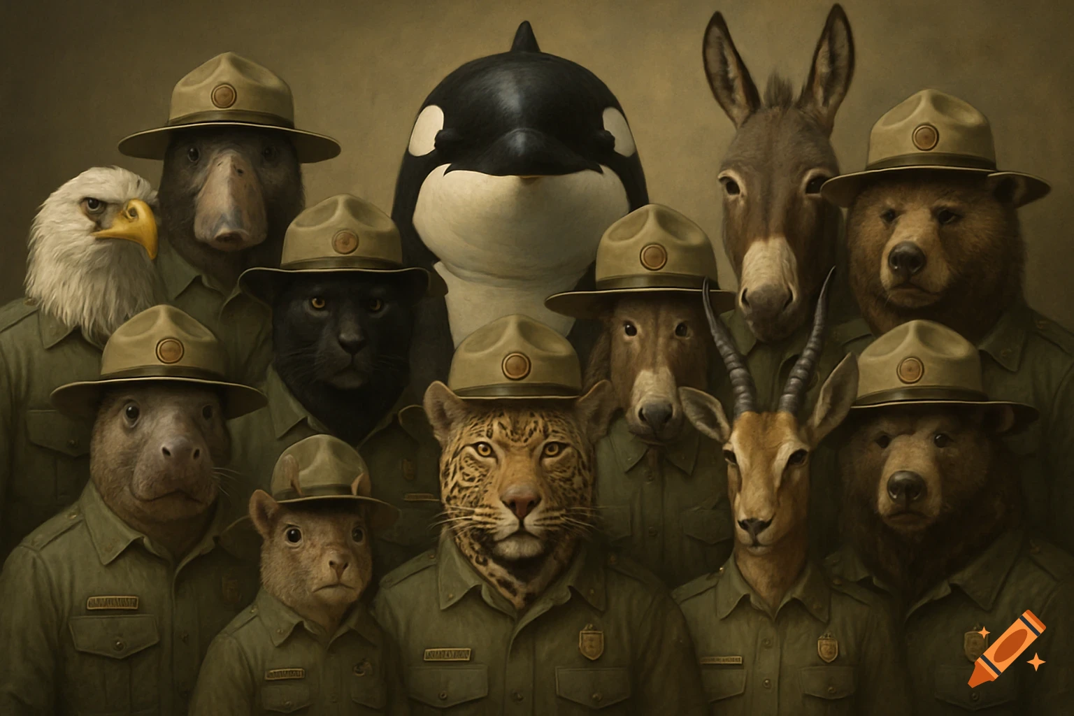 A group of diverse animals including an orca, eagle, platypus, and bears, dressed in park ranger uniforms and hats, in a realistic painting style.