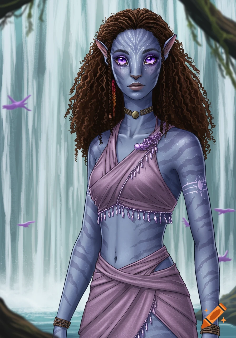 A drawing of a female Na'vi character with curly brown hair and purple eyes, wearing a purple beaded outfit, standing before a waterfall.