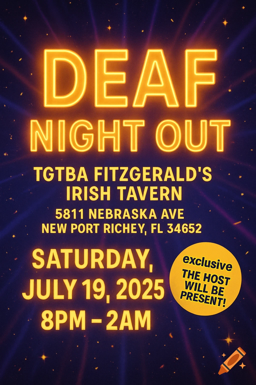 A vibrant orange neon-style flyer for "Deaf Night Out" event on a dark starry background. The flyer details the event name, location, date, and time.
