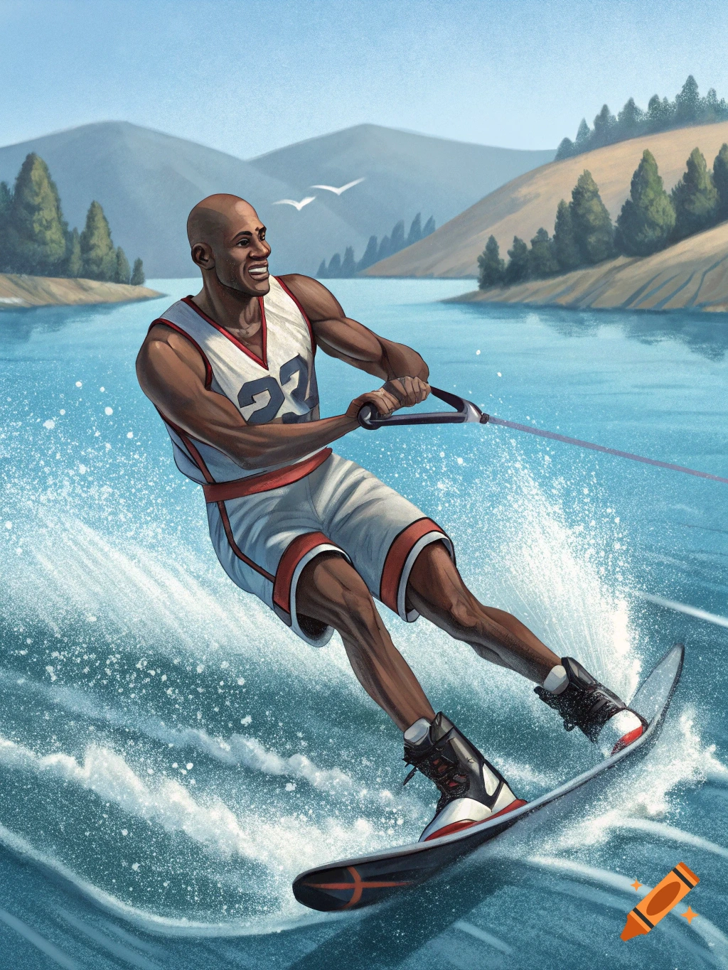 Illustration of Michael Jordan water skiing on a lake with mountains in the background.