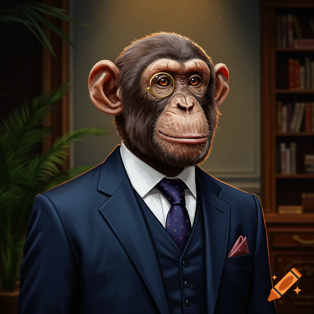 A detailed portrait of a chimpanzee wearing a dark blue suit, white shirt, purple tie, and a monocle.