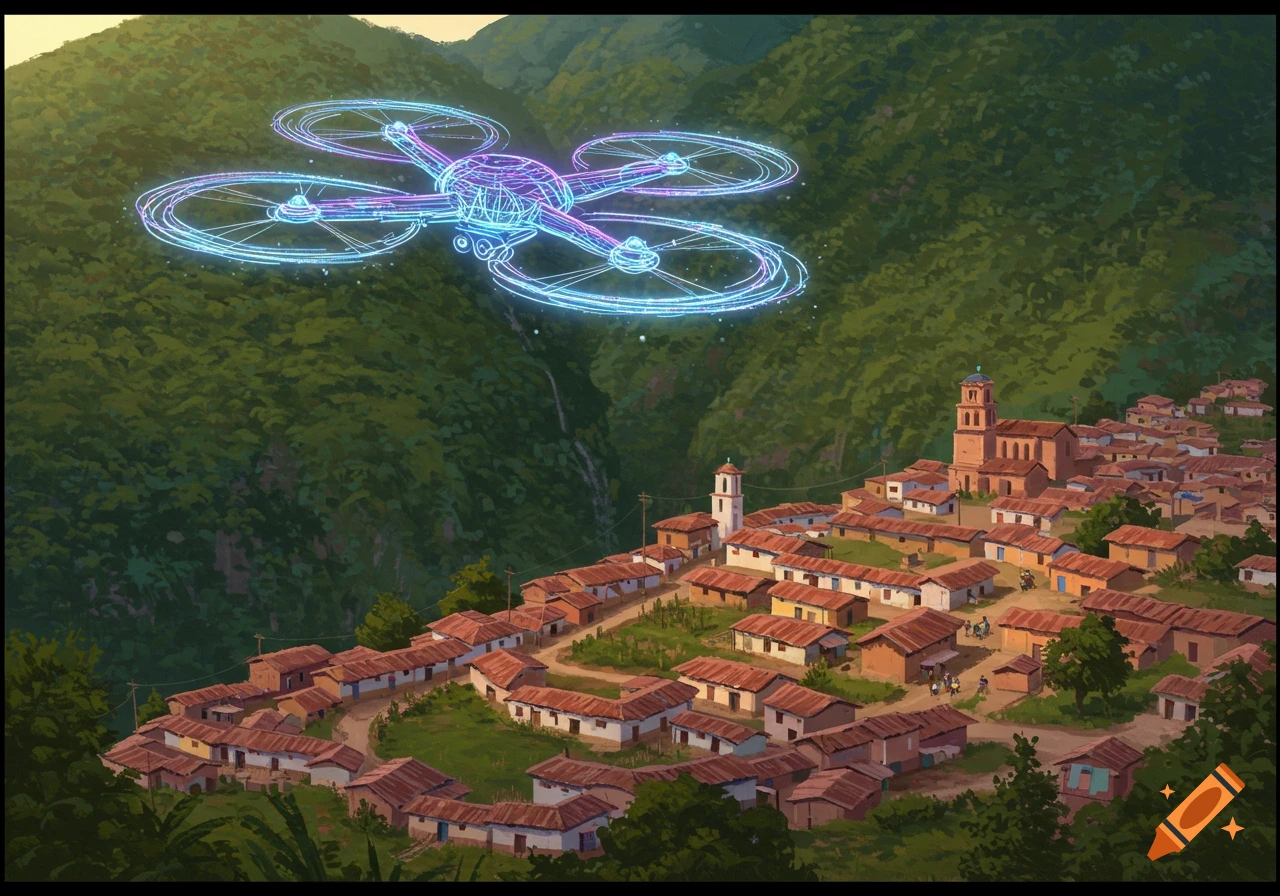 A glowing blue and purple fiber optic drone hovers over a traditional South American village nestled in green mountains.