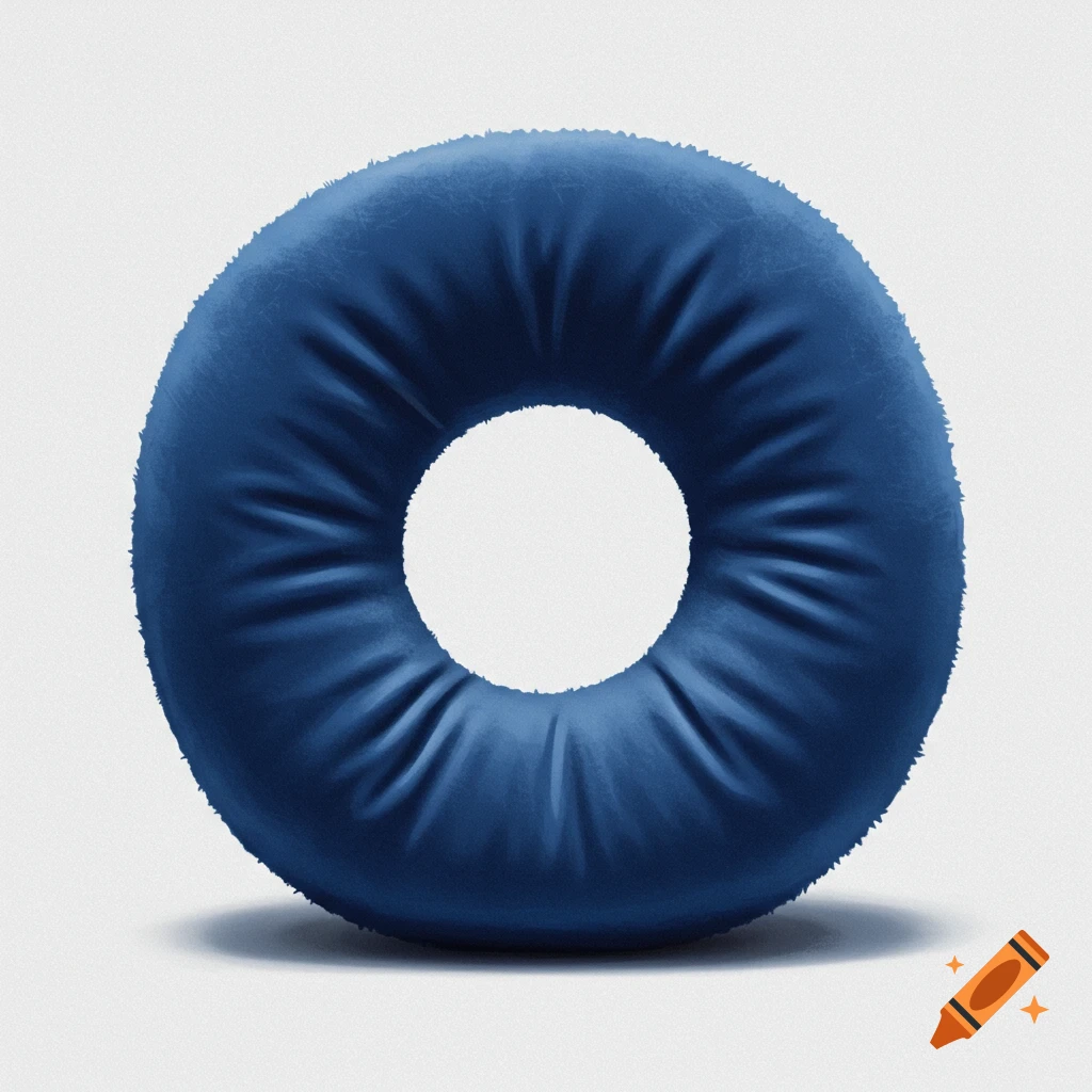 A plush, deep blue cushion with a round hole in the center, casting a soft shadow on a light background.