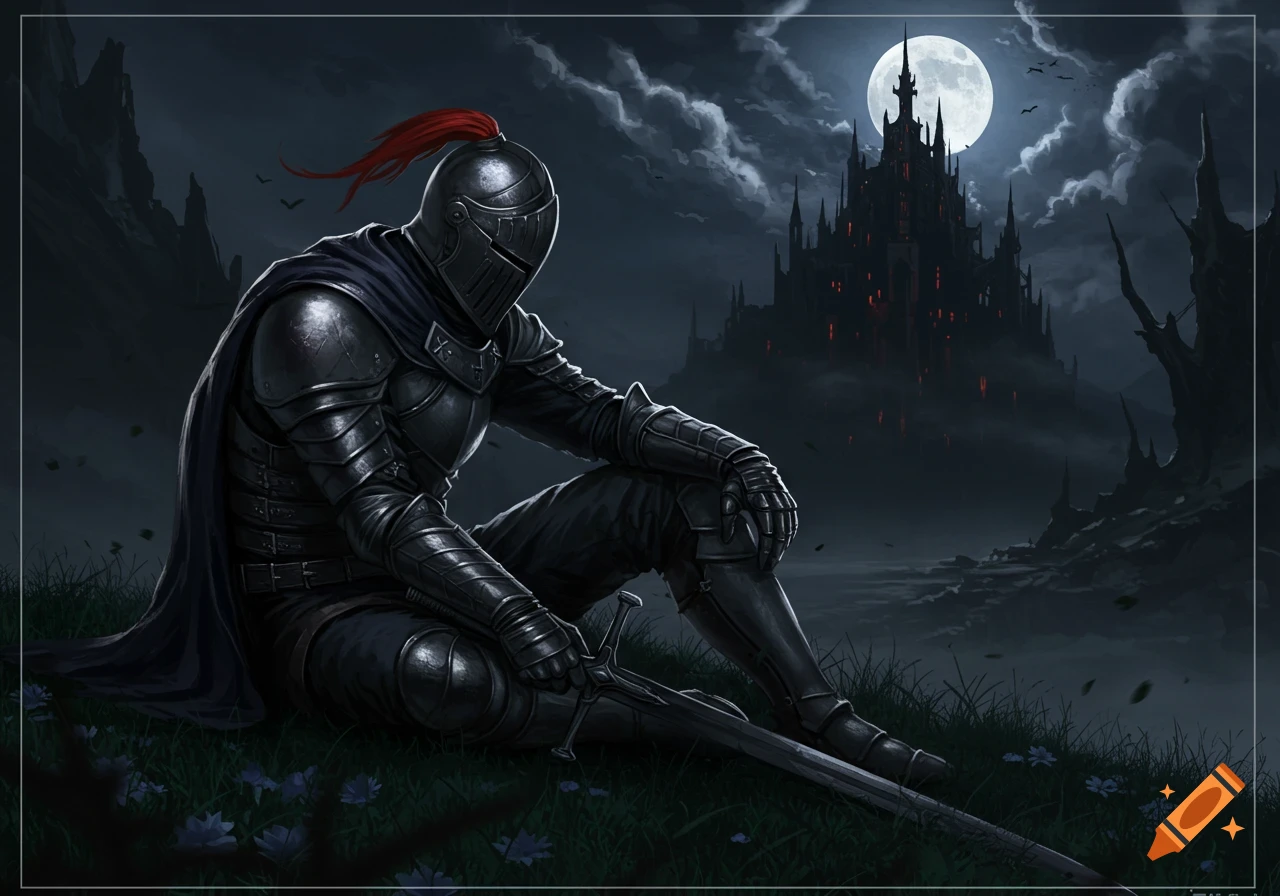 A dark fantasy knight in armor sits on a grassy hill with a sword beside him. A large, dark castle under a full moon is in the background.