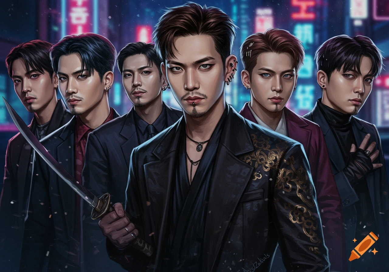 A group of six stylized men in dark clothing stand in a futuristic neon city, one holding a sword.