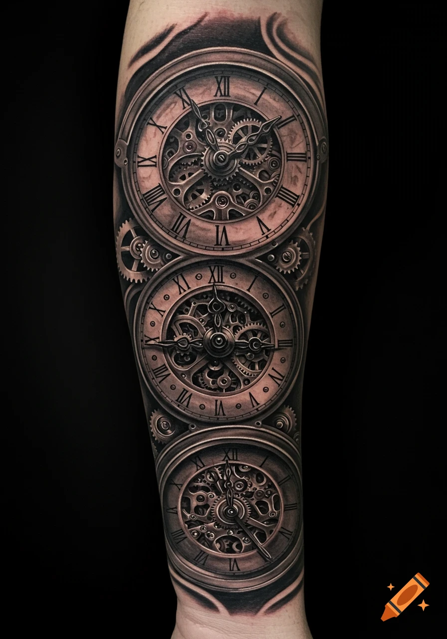 Highly detailed, realistic tattoo of three clockwork faces with Roman numerals and intricate gears on a forearm.