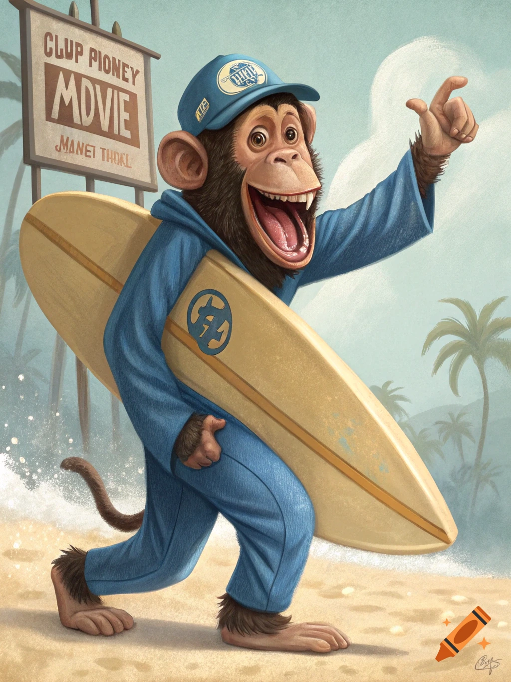 A cartoon monkey in a blue tracksuit and baseball cap carries a surfboard on a beach, smiling and pointing. A sign behind it reads 'CLUP PIONEY MDVIE MANEI THOKL'.