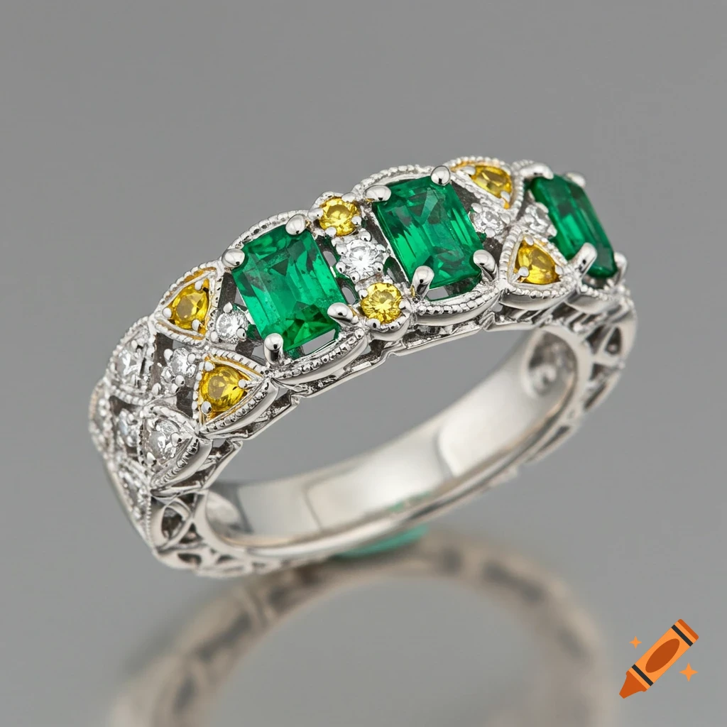 A platinum ring adorned with green emeralds, yellow sapphires, and white diamonds in a Celtic/Nordic style.