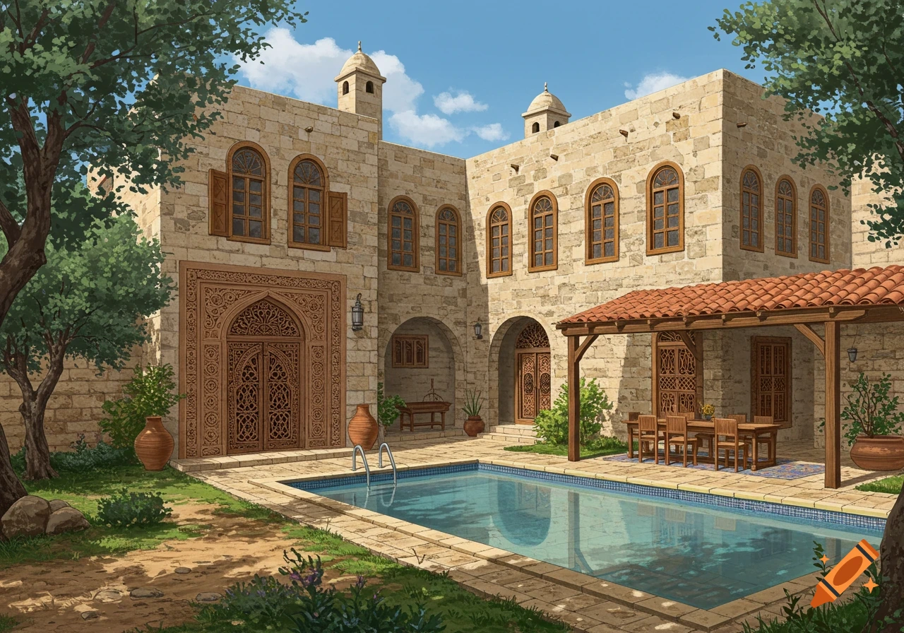 Traditional Syrian farmhouse with stone walls, arched windows, an ornate door, and a private swimming pool in a sunny courtyard.