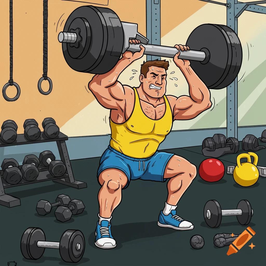 Cartoon man struggling to lift a heavy, unusual barbell in a gym, squatting with effort.