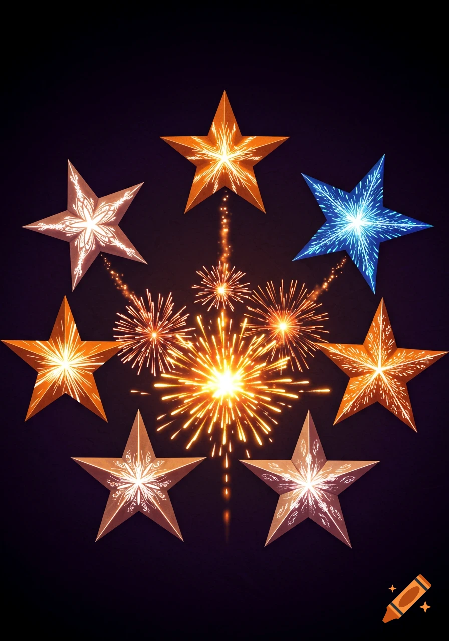Stylized stars with intricate patterns surround a central fireworks explosion against a dark sky.