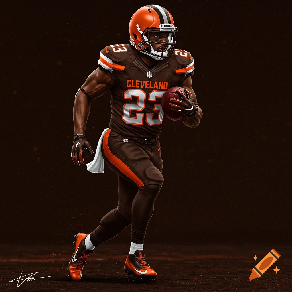 Digital art of an American football player in a redesigned Cleveland Browns dark brown and orange uniform, holding a football.