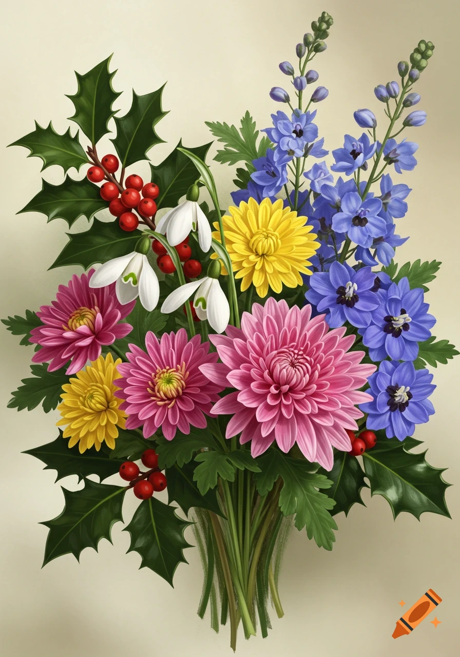 A vibrant botanical illustration of a colorful flower bouquet featuring holly, chrysanthemums, larkspur, and snowdrops.