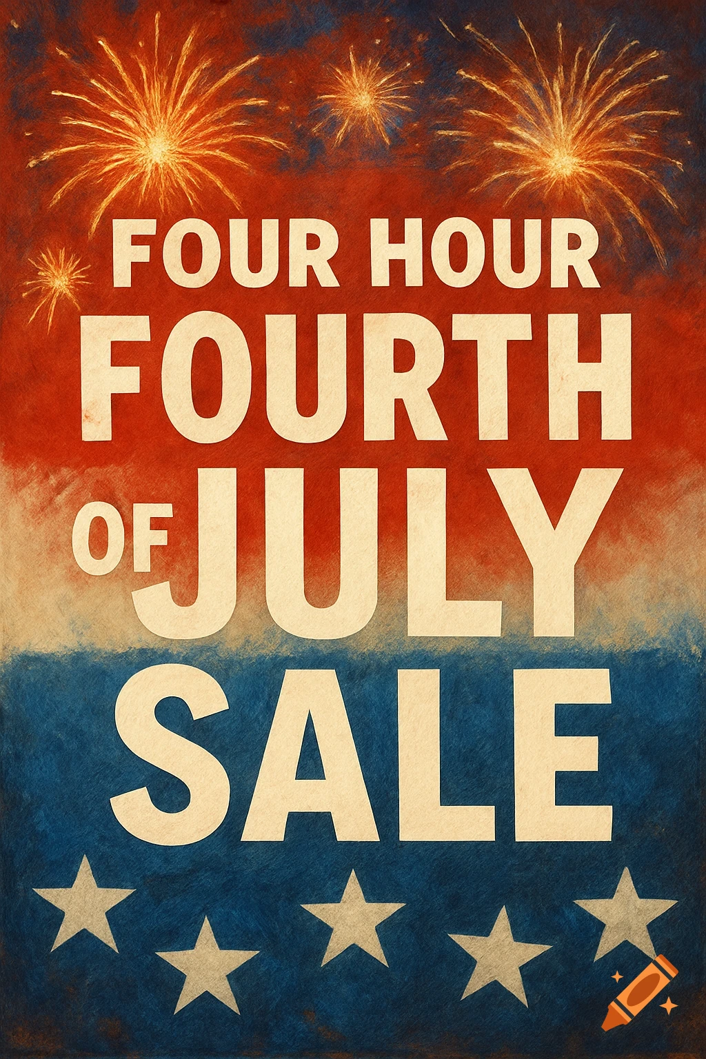 Vintage-style poster for 'Four Hour Fourth of July Sale' with fireworks and stars on a red, white, and blue background.