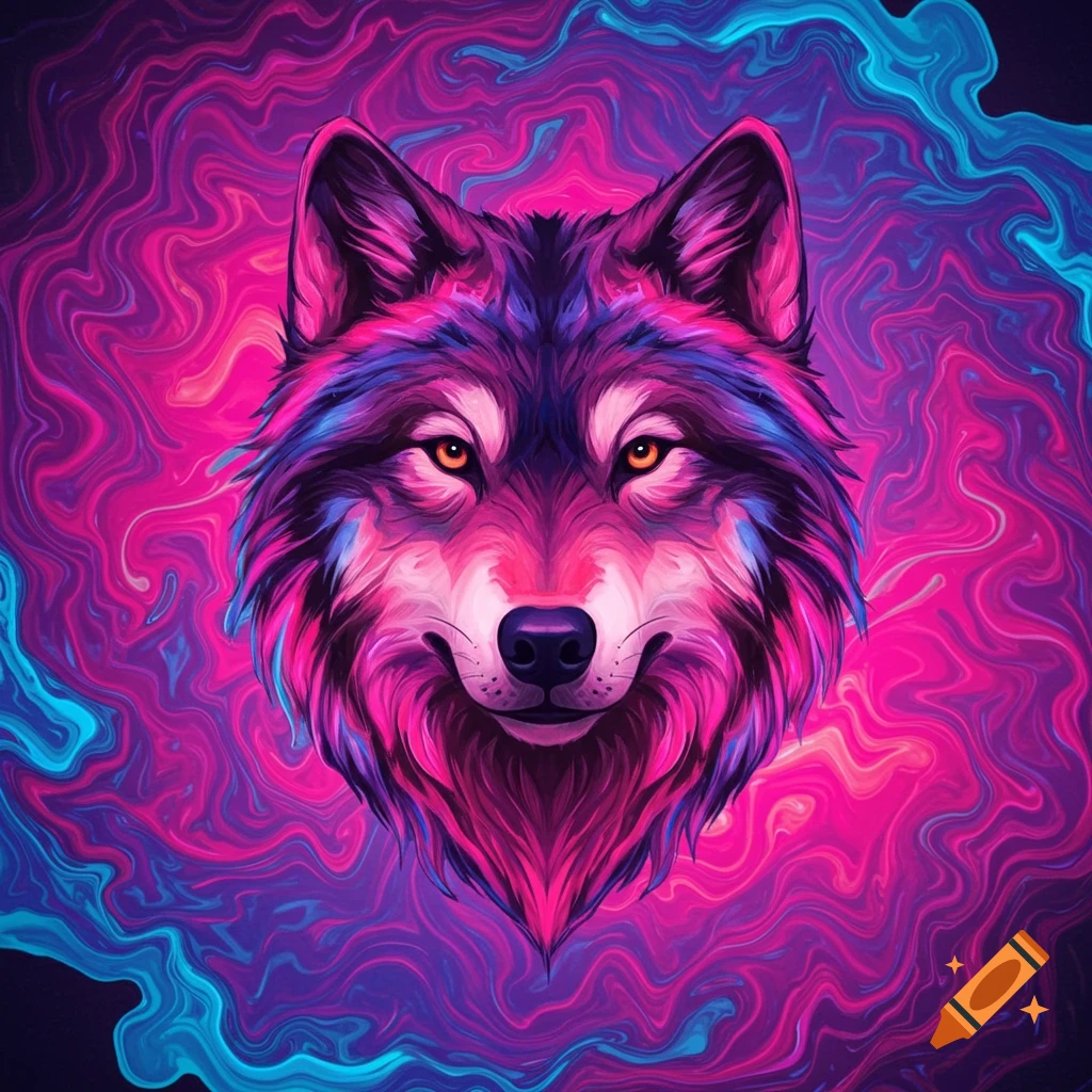 A vibrant, stylized wolf head with glowing eyes against a swirling, psychedelic background of pink, purple, and blue.