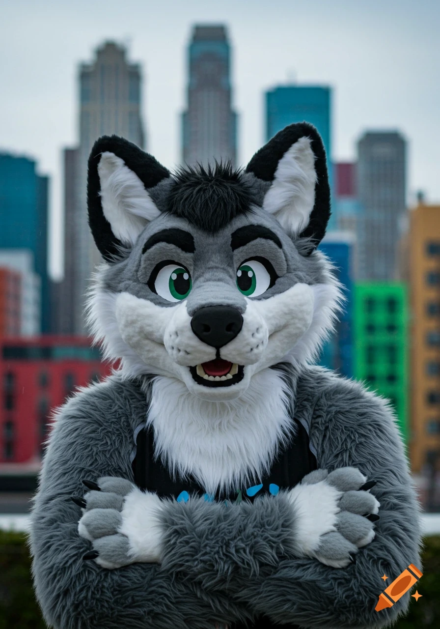 Photorealistic image of a grey and white wolf fursuit with green eyes, standing with arms crossed in front of blurred city buildings.