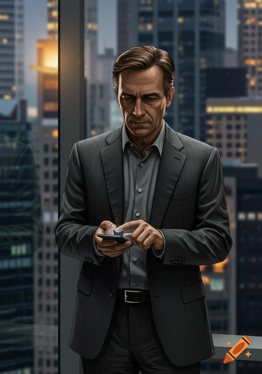 A man in a dark suit stands by a large window, looking down and interacting with a smartphone. A city skyline with illuminated buildings is visible in the background.